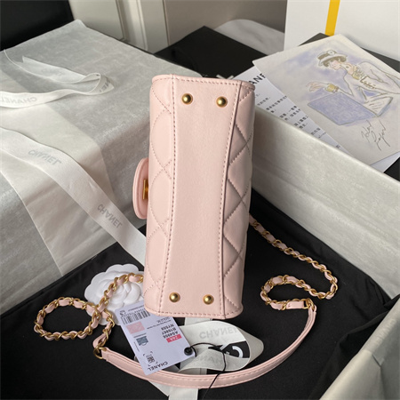 Ch*el mini flap bag with top handle lambskin gold tone metal pink as4956