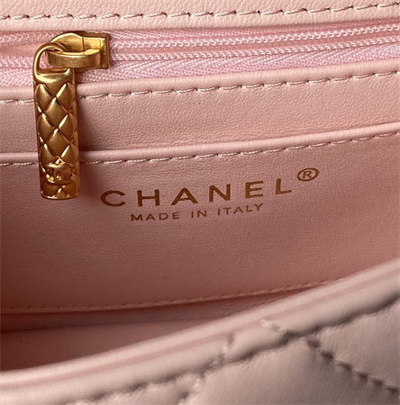 Ch*el mini flap bag with top handle lambskin gold tone metal pink as4956