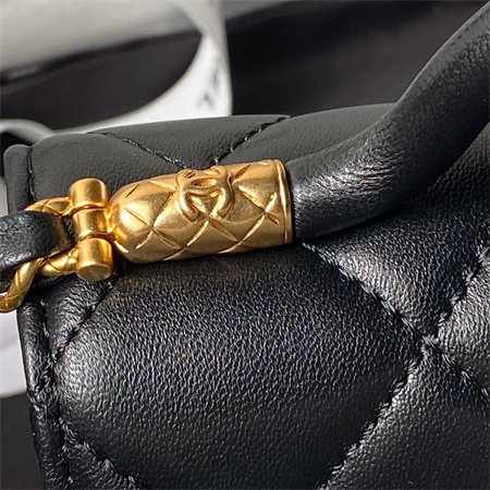 Ch*el mini flap bag with top handle lambskin gold tone metal black as4956