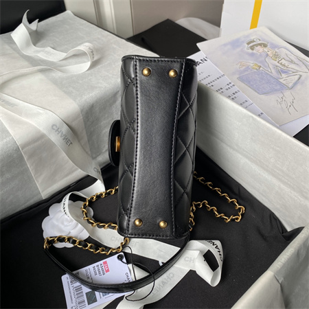 Ch*el mini flap bag with top handle lambskin gold tone metal black as4956