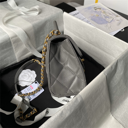 Ch*el mini flap bag with top handle lambskin gold tone metal grey as4956