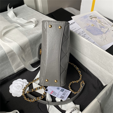 Ch*el mini flap bag with top handle lambskin gold tone metal grey as4956