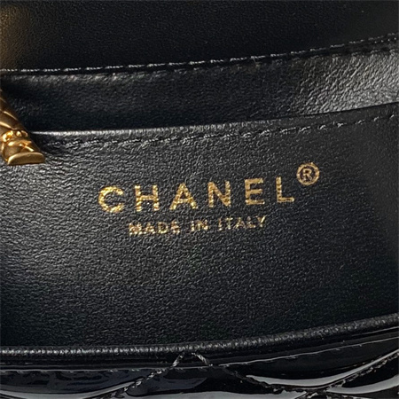 Ch*el mini flap bag with top handle patent calfskin gold tone metal black as4956