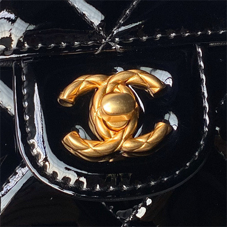 Ch*el mini flap bag with top handle patent calfskin gold tone metal black as4956