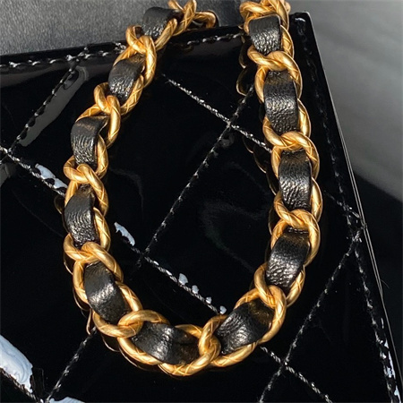 Ch*el mini flap bag with top handle patent calfskin gold tone metal black as4956