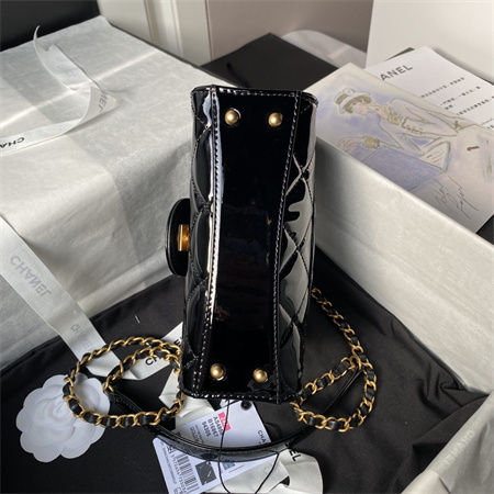 Ch*el mini flap bag with top handle patent calfskin gold tone metal black as4956