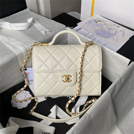 Ch*el flap bag with top handle grained shinny calfskin gold tone metal white as4957