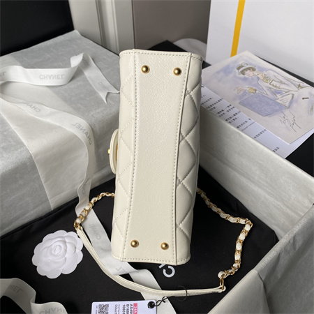 Ch*el flap bag with top handle grained shinny calfskin gold tone metal white as4957