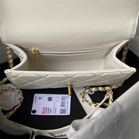 Ch*el flap bag with top handle grained shinny calfskin gold tone metal white as4957