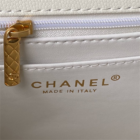 Ch*el flap bag with top handle grained shinny calfskin gold tone metal white as4957