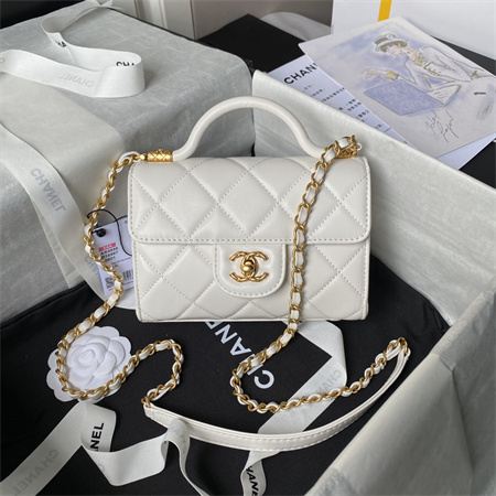 Ch*el flap bag with top handle lambskin gold tone metal white as4957