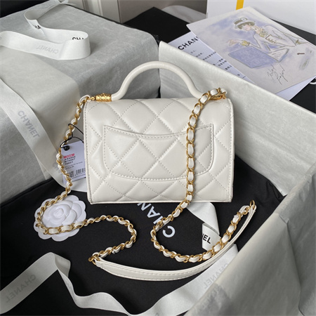 Ch*el flap bag with top handle lambskin gold tone metal white as4957