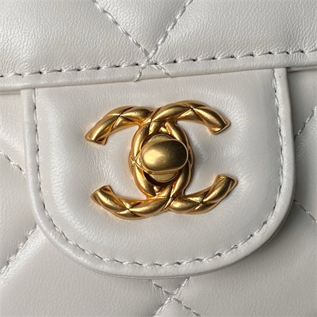 Ch*el flap bag with top handle lambskin gold tone metal white as4957