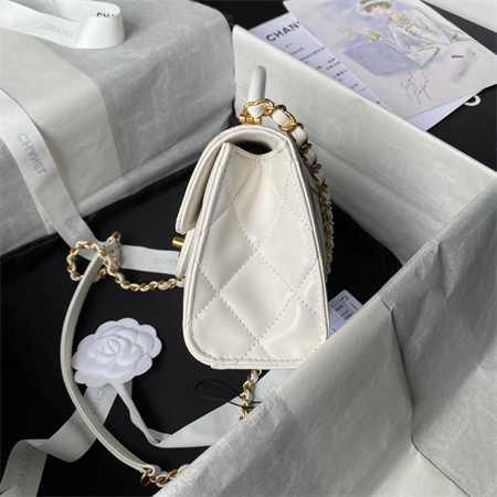 Ch*el flap bag with top handle lambskin gold tone metal white as4957