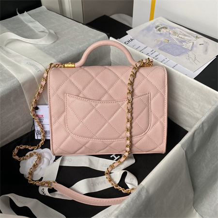 Ch*el flap bag with top handle grained shinny calfskin gold tone metal pink as4957