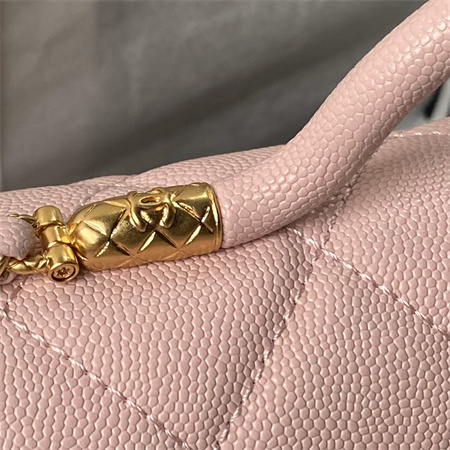 Ch*el flap bag with top handle grained shinny calfskin gold tone metal pink as4957