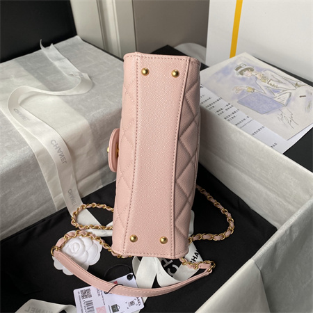 Ch*el flap bag with top handle grained shinny calfskin gold tone metal pink as4957