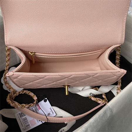 Ch*el flap bag with top handle grained shinny calfskin gold tone metal pink as4957