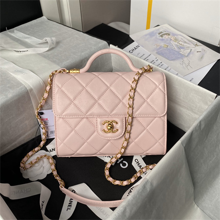 Ch*el flap bag with top handle lambskin gold tone metal pink as4957