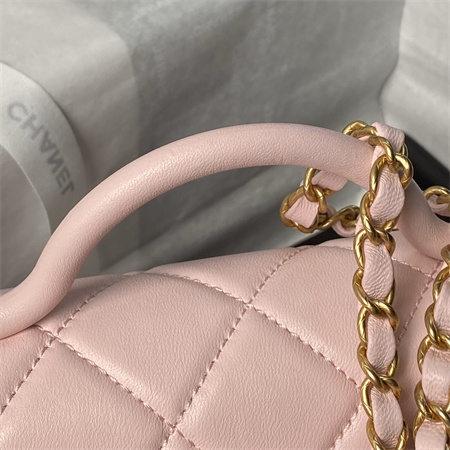 Ch*el flap bag with top handle lambskin gold tone metal pink as4957