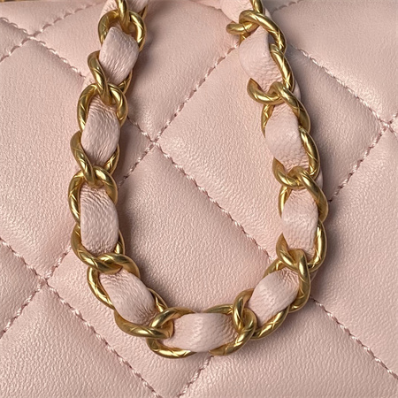 Ch*el flap bag with top handle lambskin gold tone metal pink as4957