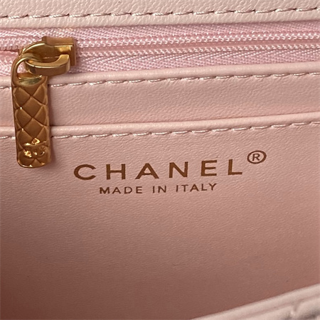 Ch*el flap bag with top handle lambskin gold tone metal pink as4957