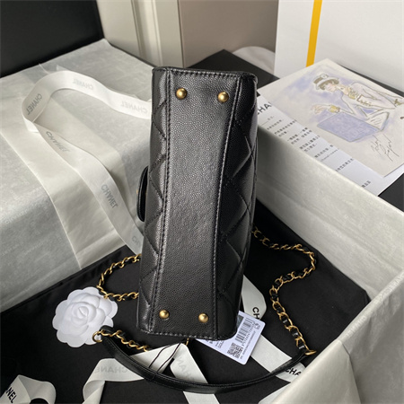 Ch*el flap bag with top handle grained shinny calfskin gold tone metal black as4957