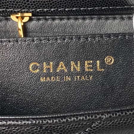 Ch*el flap bag with top handle grained shinny calfskin gold tone metal black as4957