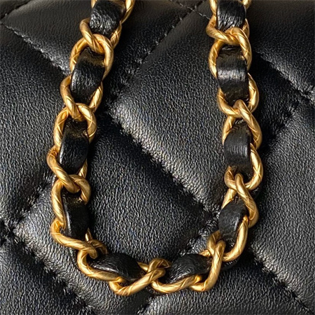 Ch*el flap bag with top handle lambskin gold tone metal black as4957