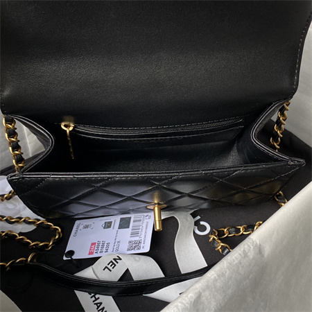 Ch*el flap bag with top handle lambskin gold tone metal black as4957