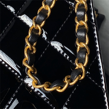 Ch*el flap bag with top handle patent calfskin gold tone metal black as4957
