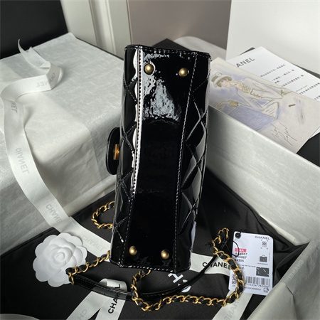 Ch*el flap bag with top handle patent calfskin gold tone metal black as4957