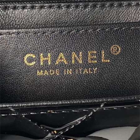 Ch*el flap bag with top handle patent calfskin gold tone metal black as4957