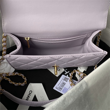 Ch*el flap bag with top handle lambskin gold tone metal lt purple as4956