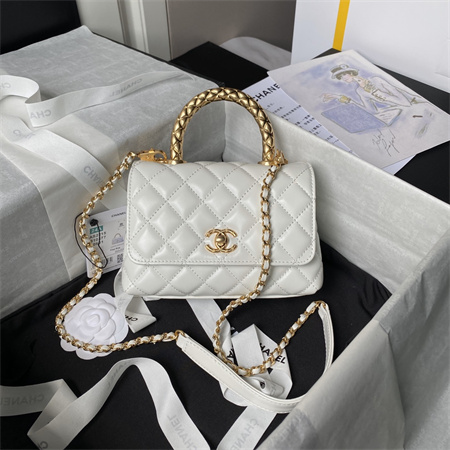 Ch*el mini coco handle bag shinny calfskin aged gold metal white as2215