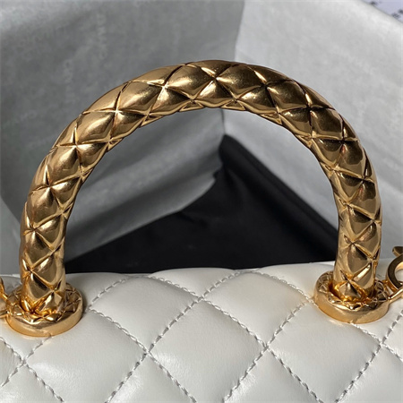 Ch*el mini coco handle bag shinny calfskin aged gold metal white as2215