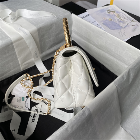 Ch*el mini coco handle bag shinny calfskin aged gold metal white as2215