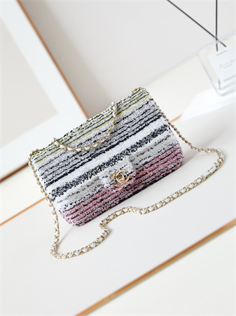 Ch*el clutch sequins & gold-tone metal white, black, pink & yellow as4561