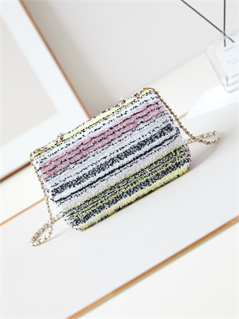 Ch*el clutch sequins & gold-tone metal white, black, pink & yellow as4561