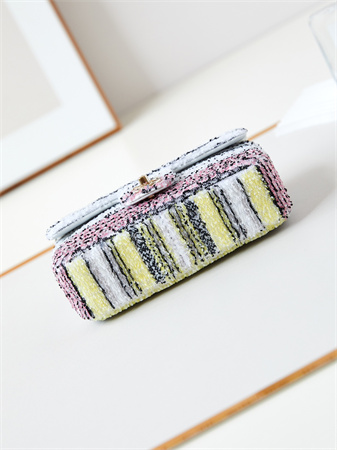 Ch*el clutch sequins & gold-tone metal white, black, pink & yellow as4561