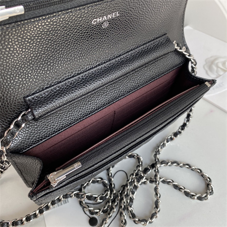 Cha.nel Wallet On Chain Grained Calfskin Sivler Tone Metal Black AP0250