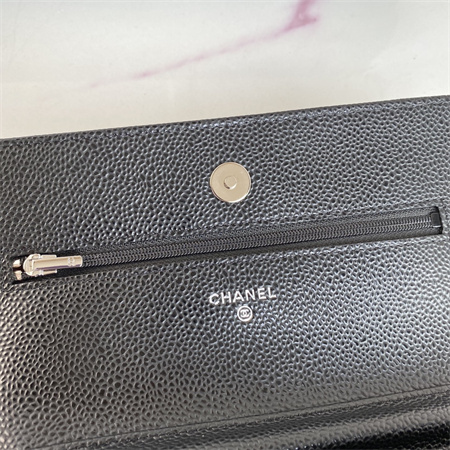 Cha.nel Wallet On Chain Grained Calfskin Sivler Tone Metal Black AP0250