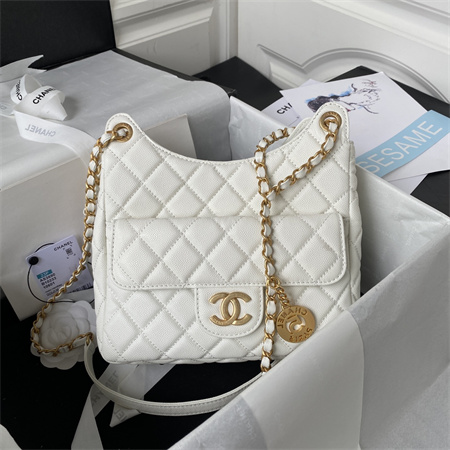 Ch*el hobo bag grained calfskin gold tone metal white as3690
