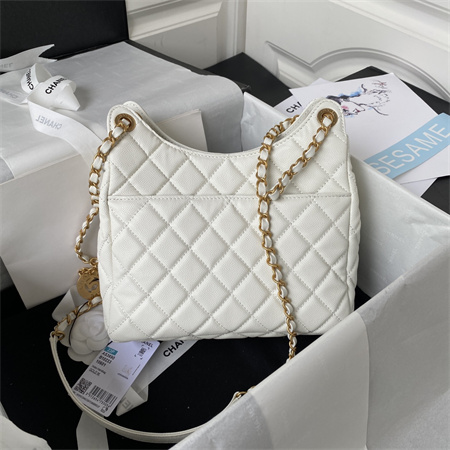 Ch*el hobo bag grained calfskin gold tone metal white as3690