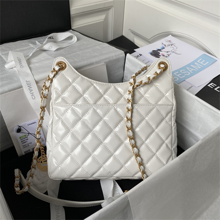 Ch*el hobo bag shinny calfskin gold tone metal white as3690