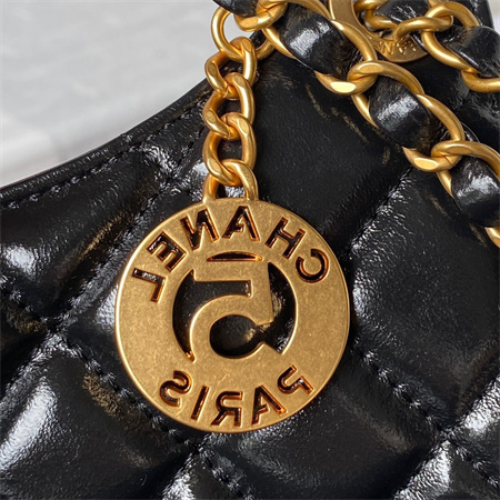 Ch*el hobo bag shinny calfskin gold tone metal black as3690