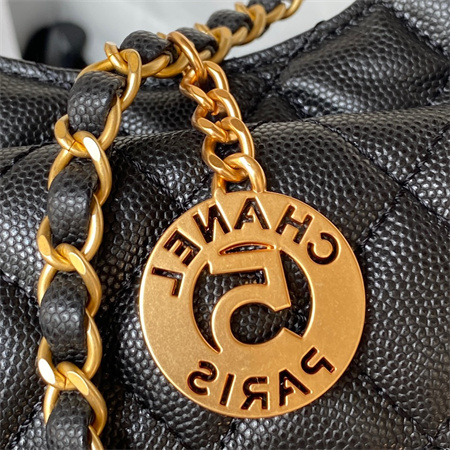 Ch*el small hobo bag grained calfskin gold tone metal black as3710