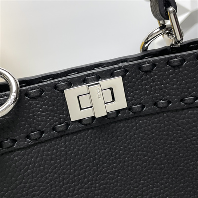 Fen.di Peekaboo ISeeU Petite Cuoio Romano Leather Black Selleria bag with 306 hand-sewn topstitches