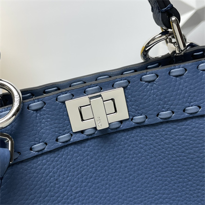 Fen.di Peekaboo ISeeU Petite Cuoio Romano Leather Blue Selleria bag with 306 hand-sewn topstitches