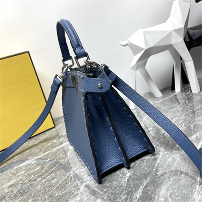 Fen.di Peekaboo ISeeU Petite Cuoio Romano Leather Blue Selleria bag with 306 hand-sewn topstitches